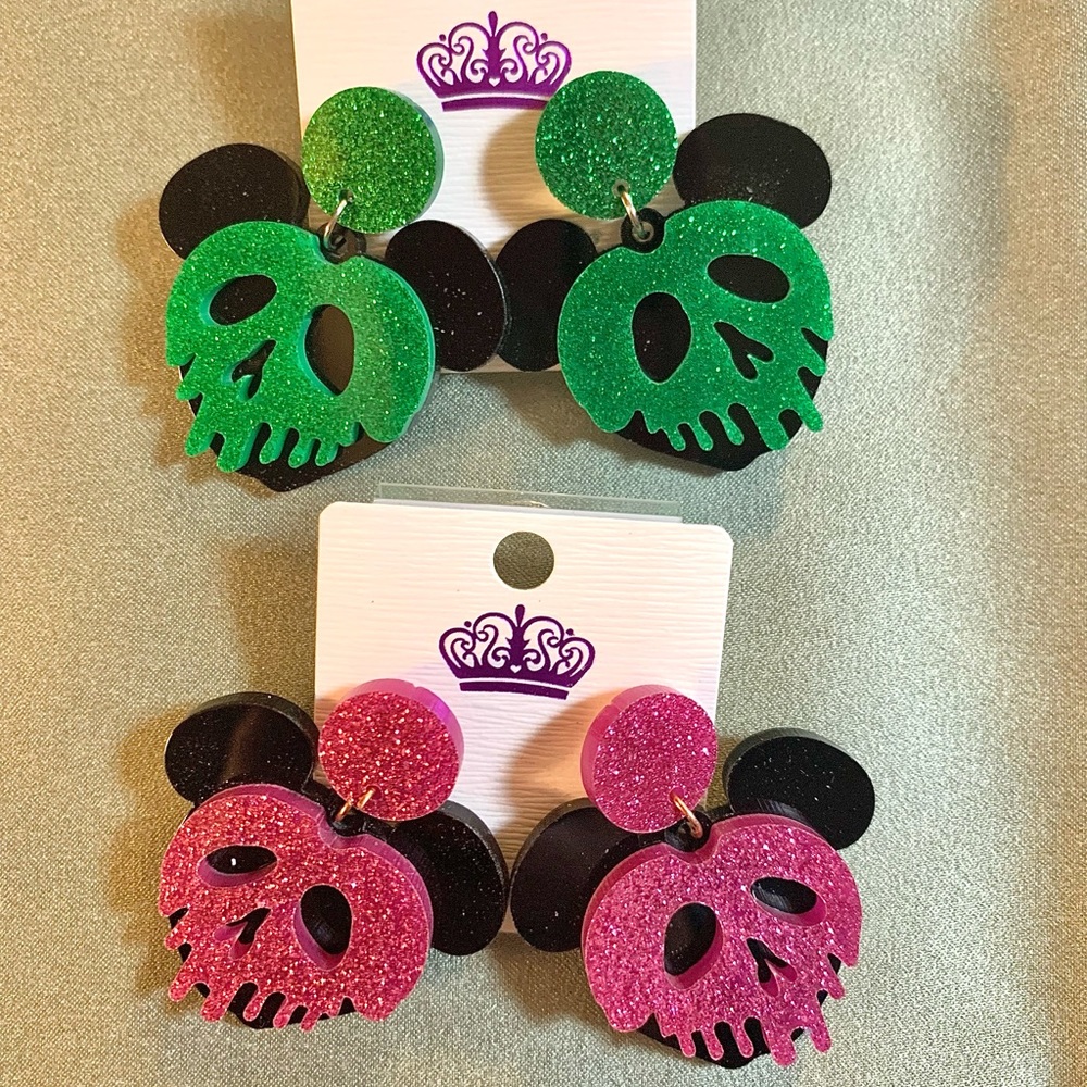 2 NWT Disney Evil Queen Villain Pink and Green Poison Apple Earrings